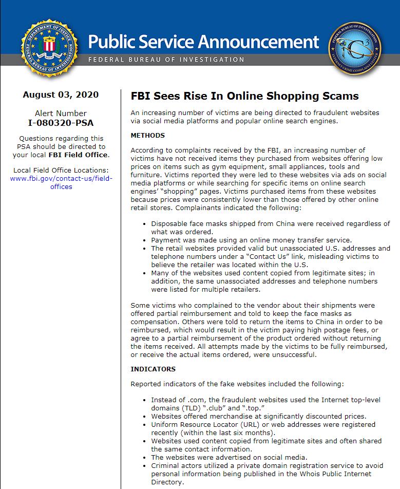 FBI warning on Online Shopping Scams