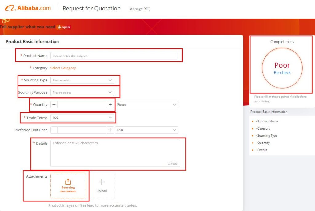 How to fill in RFQ files on Alibaba