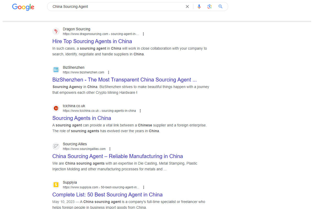 Search for a China sourcing agent on Google